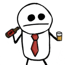 a stick figure wearing a red tie is holding a bottle of beer and a glass of beer .