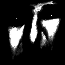 a black and white drawing of a person 's face with their eyes visible