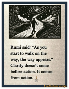 a black and white drawing of a man walking down a path with a quote by rumi