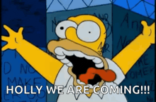 a cartoon of homer simpson with his arms outstretched says holly we are coming !!!