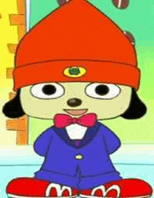 a close up of a cartoon character wearing a beanie and a bow tie .