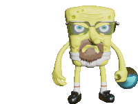 a spongebob with glasses and a beard holding a blue ball