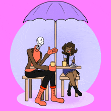 a cartoon of a skeleton and a girl sitting under an umbrella