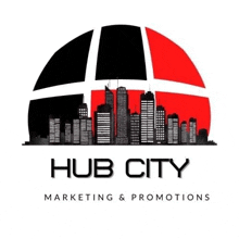 a logo for a company called hub city marketing and promotions with a silhouette of a city skyline .