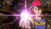 a pixel art drawing of a man with a red hat pointing at the camera