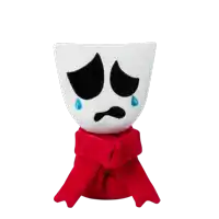 a stuffed animal with a sad face and a red scarf around it