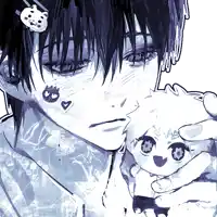 a drawing of a person holding a stuffed animal with a cat on their head