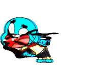 a cartoon character with a gun pointing to the right