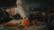 a group of people are gathered in a living room with the words hello chat written on the bottom