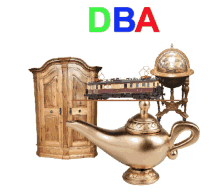 a picture of a train a lamp and a globe with the letters dba above them