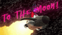 a cartoon of a rocket with the words to the moon written in pink