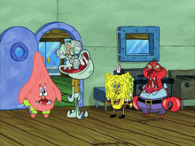 a group of cartoon characters including patrick star and spongebob are standing in a room