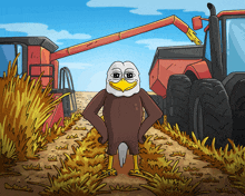 a cartoon of a bald eagle standing in a field with a tractor in the background