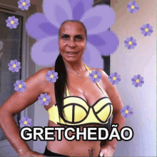 a woman in a bikini is surrounded by purple flowers and has the word gretchedao on her chest