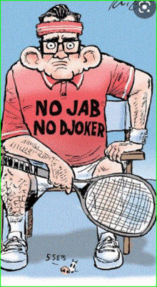 a cartoon of a man holding a tennis racquet with a shirt that says no jab no djoker