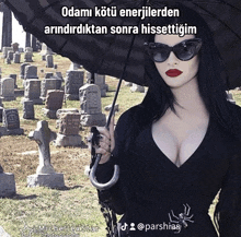 a woman holding an umbrella in front of a cemetery with a caption that says odami kotu enerjilerden