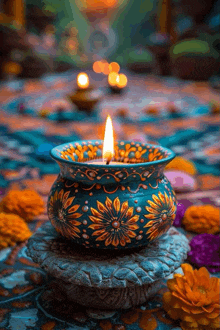 a candle is lit in a colorful vase on a table surrounded by flowers .