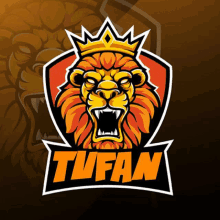 a logo with a lion wearing a crown and the word tufan below it