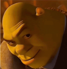 a close up of shrek 's face with a smile on his face