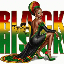 a woman in a black dress is kneeling in front of the words black history