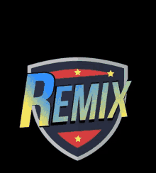 the word remix is on a shield with three stars