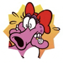 a cartoon character with a red bow on her head is looking surprised .