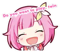 a cartoon of a girl with pink hair and the words do you want to play twin above her head