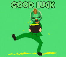 a cartoon character is holding a pot of gold and the words " good luck " are above him