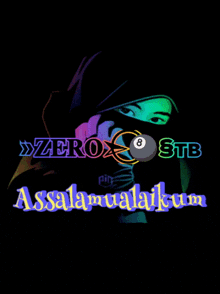 a logo for zero stb with a woman holding a pool ball in her hand