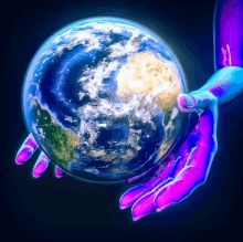 a painting of a hand holding the earth