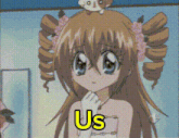 a girl with a cat on her head has the word us on her chest