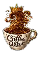 a cup of coffee with a crown and the words coffee queen written on it