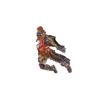 a pixel art of a man in armor jumping in the air with a white background