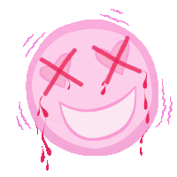 a pink smiley face with crossed eyes and blood coming out of them