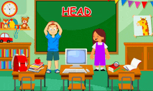 a boy and a girl are standing in front of a chalkboard that says head