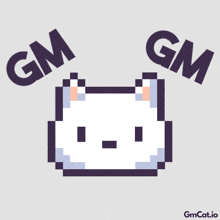 a pixelated cat with the words gm gm behind it