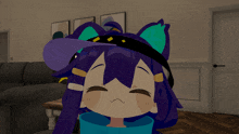 a cartoon girl with purple hair and blue ears is making a sad face