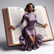 a woman in a purple dress is leaning on an open bible with proverbs 31 on the page