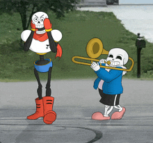 a cartoon of papyrus playing a trombone and sans playing a trombone