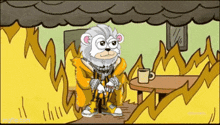 a cartoon monkey is sitting at a table with a cup of coffee in front of a fire .