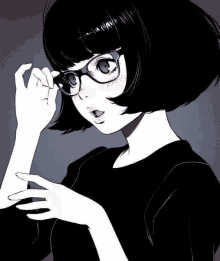 a black and white drawing of a girl with glasses