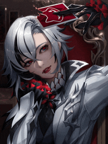 a girl with white hair and red eyes is holding a red playing card over her head