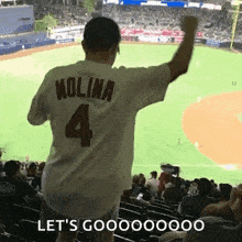 a man in a molina jersey is standing in the stands at a baseball game with his fist in the air .