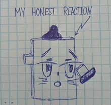 a drawing of a box with a face and the words my honest reaction