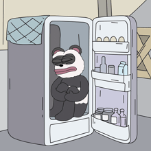 a panda bear is sitting in an open refrigerator