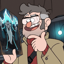 a cartoon character is holding a picture of a wizard