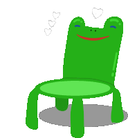 a green chair with a frog face and hearts above it