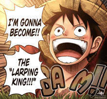 a cartoon of luffy saying " i 'm gonna become the larping king !!! "