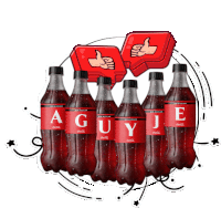 a group of coca cola bottles with a guyje written on them