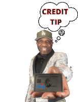 a man holding an american express platinum card with a thought bubble that says credit tip